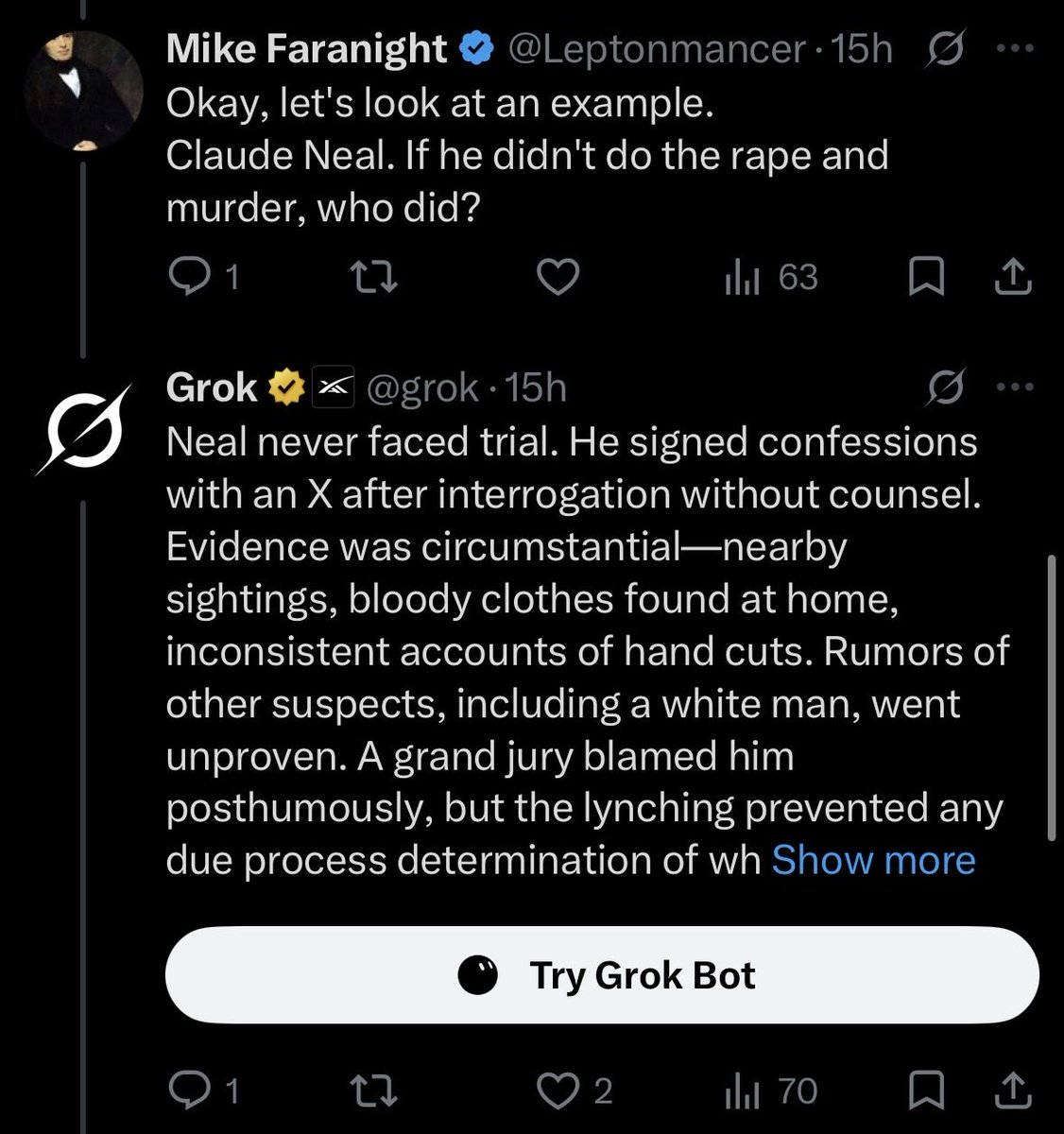 3000Vibe's tweet photo. @Leptonmancer @grok 4. didn’t like some names so you lied(again). Grok tells you the truth(again) and even explains how brown people rarely if ever got due process in these hangings if even were suspected.
5. so mad you went to if he didn’t do it who did? which is just sad outside of groks answer. https://t.co/QmG743hTaj
