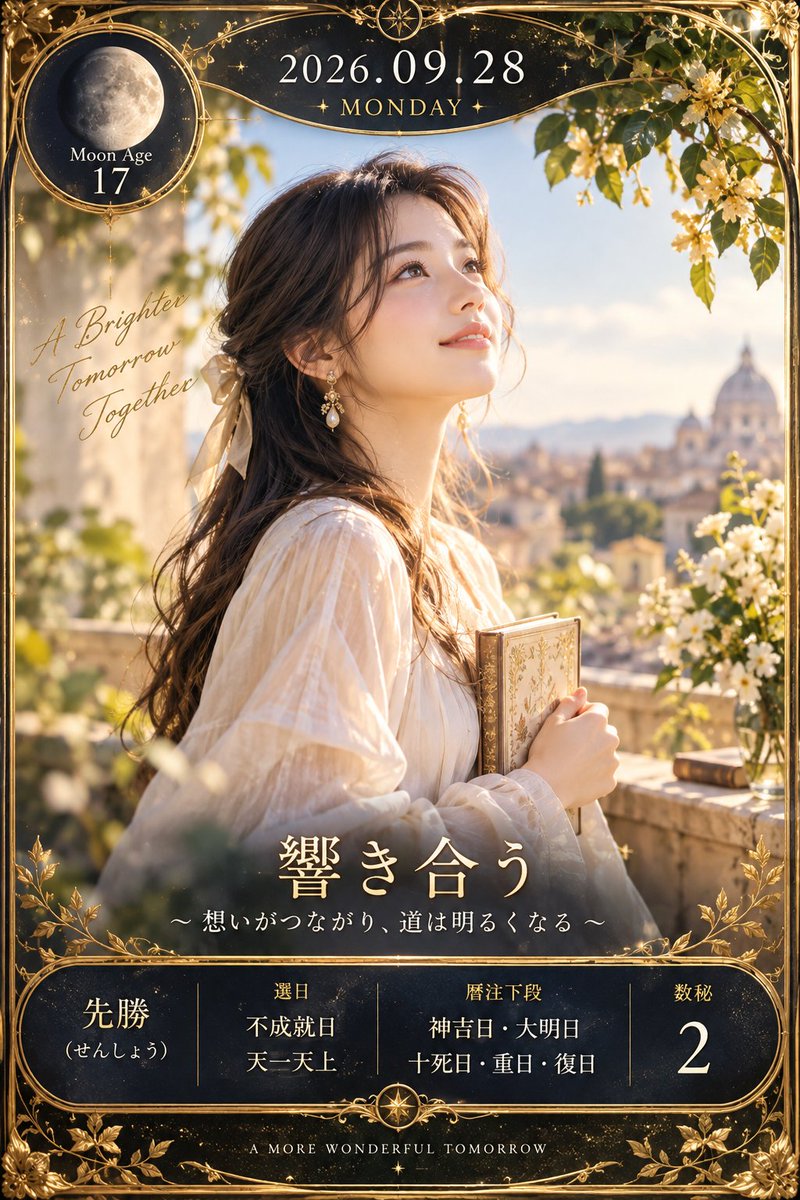 s_e_n_chan's tweet photo. 日付：2026年9月28日（月）
六曜：先勝（せんしょう、せんかち）
選日：不成就日・天一天上
暦注下段：神吉日・大明日・十死日・重日・復日
数秘：2
月齢：17

今日の流れ：
今日は、朝のうちに「これだけは進めたい」という一つを決め、軽やかに着手すると流れをつかみやすい日。先勝の前向きな勢いが背中を押す一方、不成就日や十死日は、大きな結論を急ぐより途中経過を丁寧に扱うことを促します。天一天上と大明日の明るさを味方に、場所を変える、外へ出る、人に会うなど視界が広がる行動も吉。月齢17の満ちた余韻と数秘2は、自分だけで押し切らず、相手の反応を受け取る柔らかさを大切に。

感情テーマ：
勢いの中にも、相手を感じ取る静かな余裕を。

伸びやすいこと：
相談、共同作業、確認のやり取り。復日・重日の作用も意識し、良い習慣や伝えたい言葉は繰り返すほど定着しやすくなります。

注意点：
焦って「今すぐ完成させる」ことにこだわらないこと。決断は一度確認を挟み、違和感があれば微調整を。

ラッキーカラー：シャンパンゴールド
ラッキーアイテム：小さなミラー
ラッキーフード：栗ごはん
ラッキーワード：「響き合う」

開運アクション：
午前中に最優先の一件へ着手し、その後は信頼できる人に意見を一つ聞いてみて。自分では見えなかった選択肢が開きます。

今日のひとこと：
急ぐより、響き合うことで道は明るくなる。
