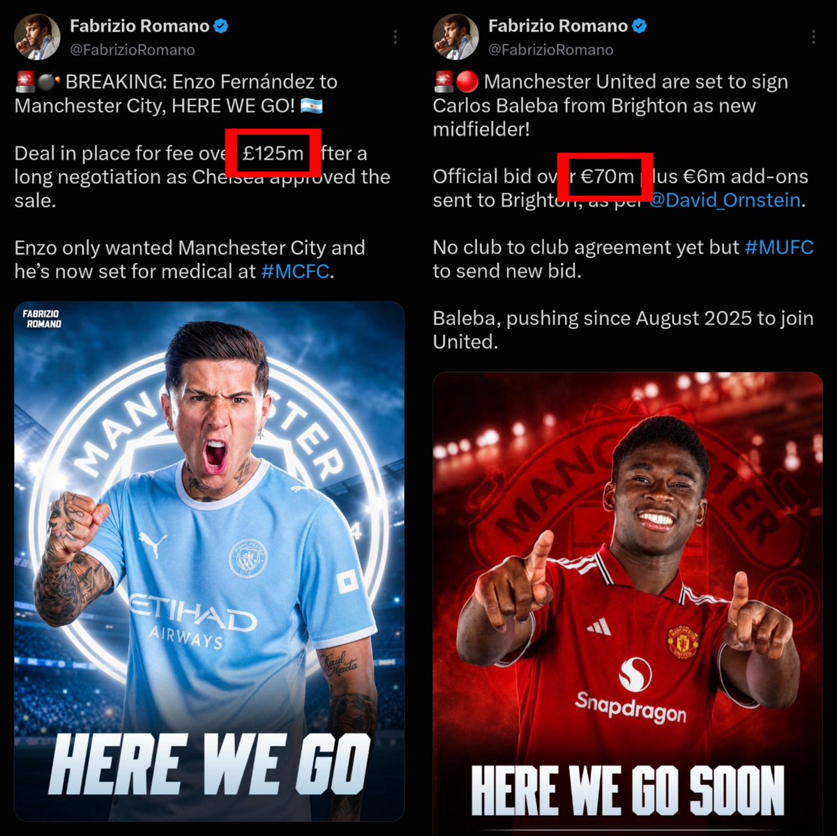 TMfutbal's tweet photo. 🚨🚨 𝗡𝗘𝗪: Is Fabrizio Romano, the best football “journalist” in the world actually an agenda peddler? 🫣

He reports Manchester City tranfers in Sterling Pounds (£) but reports Manchester United transfer amounts in Euros (€) to make the number look big. 

He even reports Real Madrid transfers down to the exact number including taxes. 

While he covers multiple non-transfer related news, he chose not to report anything on Manchester City being found guilty of breaching 114 FFP rules. 🤐