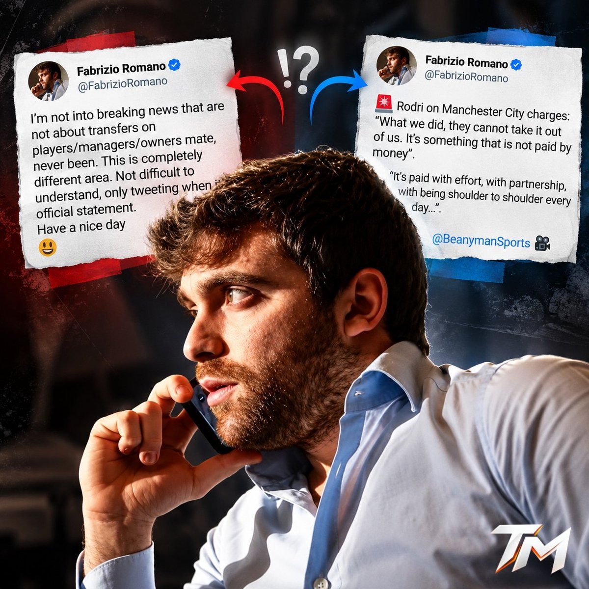 TMfutbal's tweet photo. 🚨🚨 𝗡𝗘𝗪: Is Fabrizio Romano, the best football “journalist” in the world actually an agenda peddler? 🫣

He reports Manchester City tranfers in Sterling Pounds (£) but reports Manchester United transfer amounts in Euros (€) to make the number look big. 

He even reports Real Madrid transfers down to the exact number including taxes. 

While he covers multiple non-transfer related news, he chose not to report anything on Manchester City being found guilty of breaching 114 FFP rules. 🤐