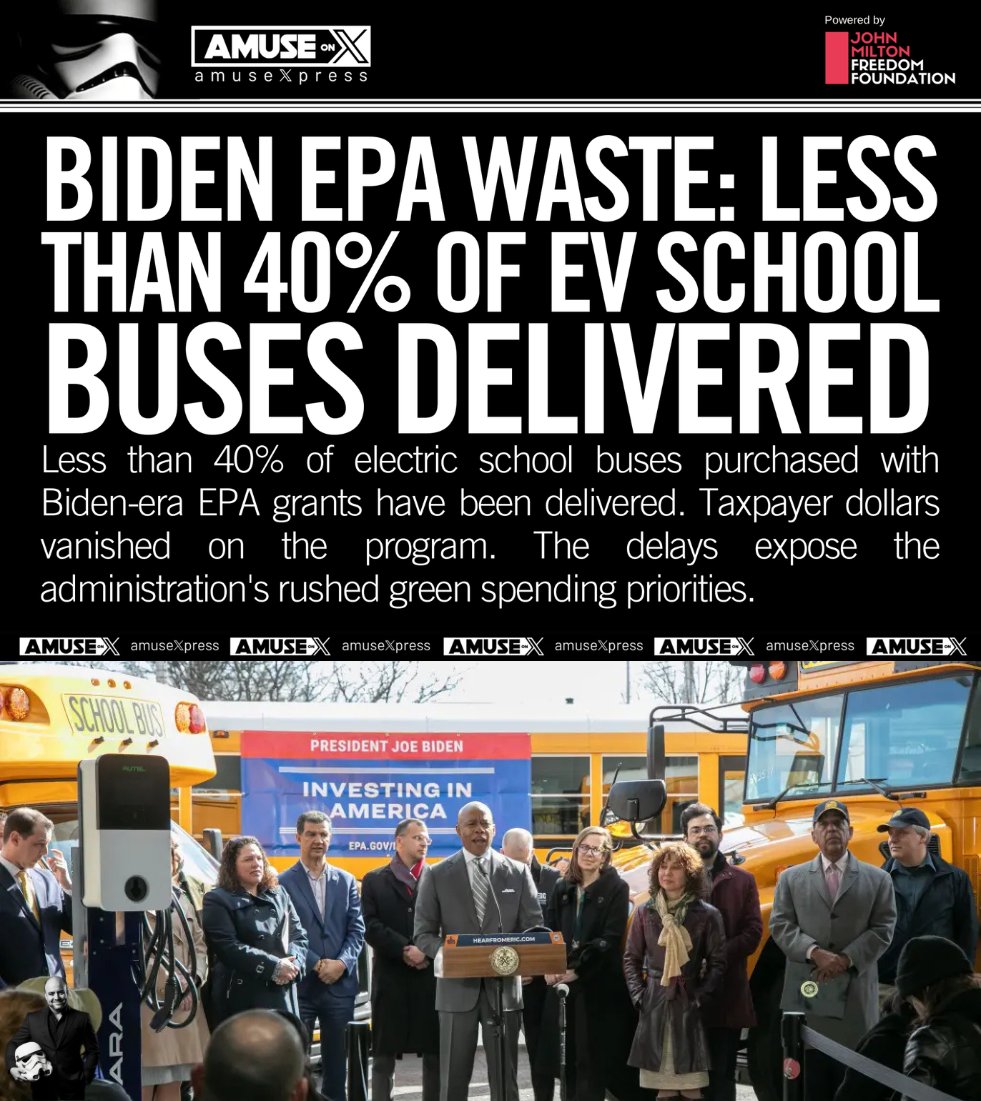 amuse's tweet photo. CORRUPTION: Biden delivered $5 billion to school districts to buy 'green' buses. The average cost per bus purchased through the Biden-era program is over $1 million, compared to $200K for normal buses, and 60% were never delivered. Many of the companies awarded contracts to deliver EV buses are either out of business or on the verge of going out of business, despite the crazy-high prices. One company, Highland, won a Maryland contract that the Maryland State Board of Education later deemed “arbitrary, unreasonable, and illegal.”
