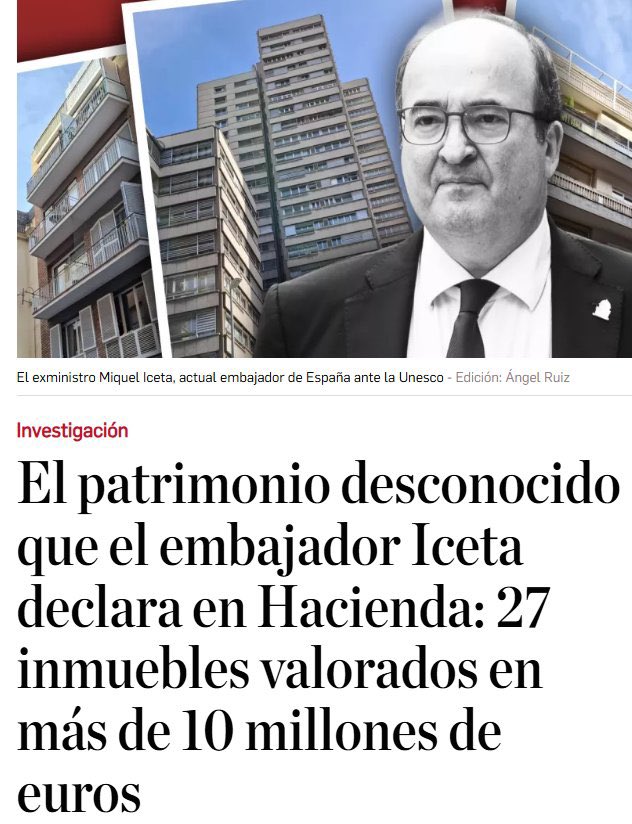 JaviRodrigo11's tweet photo. Este tío tiene:

•  8 viviendas
•  15 plazas de garaje
•  3 parcelas
•  2 locales comerciales
•  Varios activos industriales 

(incluyendo una nave y terreno de más de 3.100 m² en Sant Just Desvern)
Estos bienes están repartidos principalmente entre Barcelona, Gerona y Menorca. 

El valor de mercado estimado supera los 10 millones de euros. 

La mayoría no figuran directamente a su nombre personal, sino a través de la sociedad familiar Promoción de Locales Industriales SL (de la que Iceta y familiares son socios). 

Tela