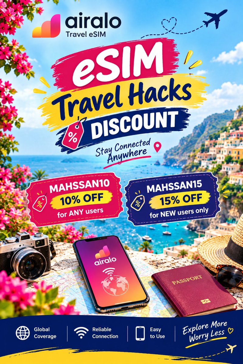 Travelmode_US's tweet photo. 🌍✈️ Traveling abroad? Stay connected with Airalo eSIM and save on your next trip!

🎁 MAHSSAN10 — 10% OFF for ANY users
🎁 MAHSSAN15 — 15% OFF for NEW users only
📱 Tap the link, choose your plan, and travel connected!

https://t.co/tzyuhkNr3T

#Airalo #TravelESIM #ESIM https://t.co/XuMVPAniIe