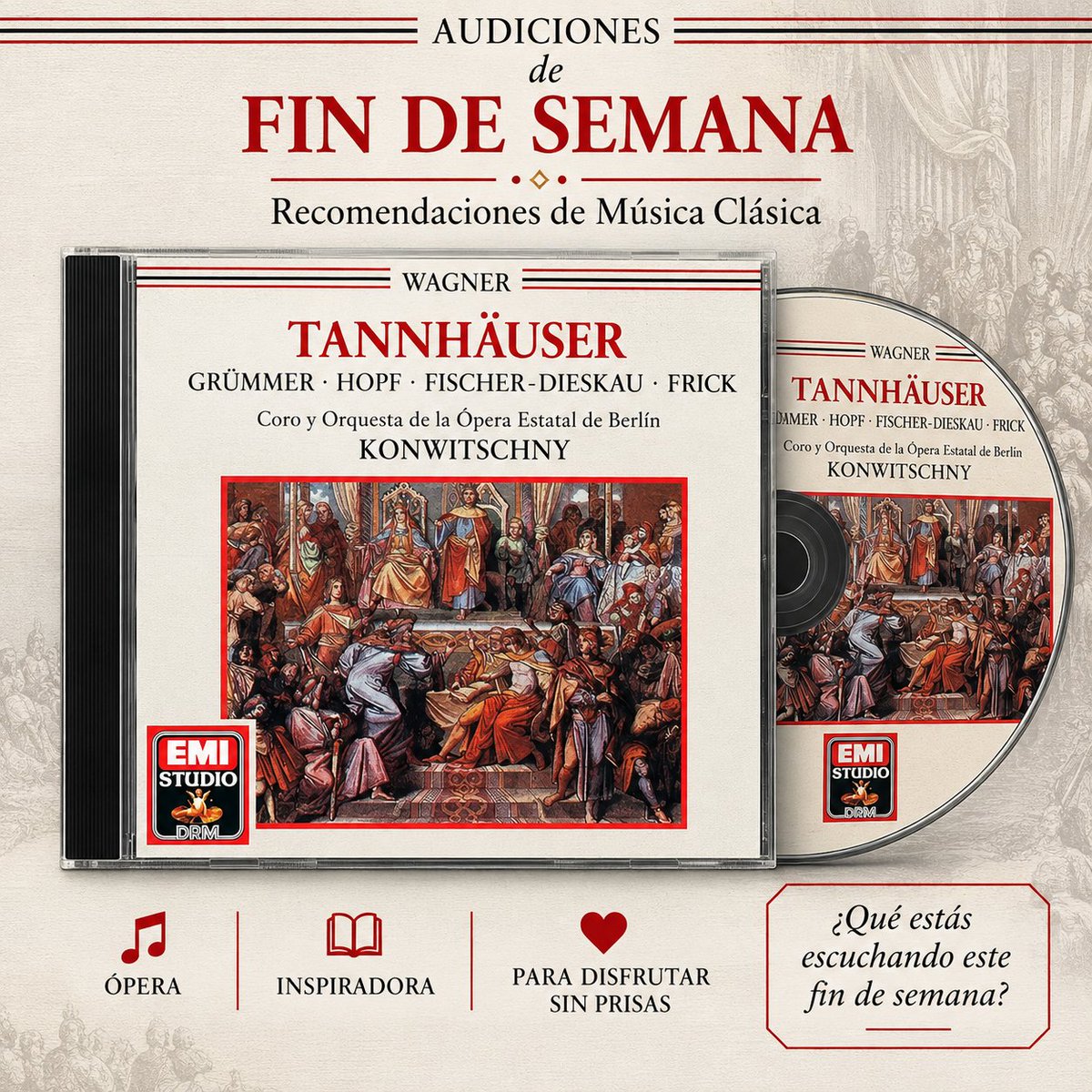 Guru_Cultural's tweet photo. Audiciones de fin de semana

Mi cuerpo y mis oídos me han estado pidiendo escuchar Tannhäuser de Wagner. Sin lugar a dudas, una ópera fascinante por sus símbolos y por su temática en torno a la búsqueda del perdón (un tema recurrente en Wagner).

Tannhäuser es bien conocido como una especie de Otello alemán por lo demandante que resulta para la voz de tenor. A pesar del fuelle que debe poseer el titular, también se agradece un canto lírico en algunos pasajes del primer acto y, por supuesto, en la narración del tercero.

Para comenzar con Tannhäuser hay que preguntarnos: ¿cuál versión? De alguna forma fue un trabajo problemático para Wagner (uno que, a pesar de estar concluido, no terminó de satisfacer al maestro). Creo que Tannhäuser funciona por su magnífica música y porque Wagner encontró el tono adecuado para Elisabeth, Tannhäuser y Wolfram (no así para Venus, a la que le falta una sensualidad más latina, menos nórdica). Muchos defensores de todo lo que es vanguardia en música prefieren la versión de París, pero, desde mi punto de vista, es la de Dresde la que posee una mayor coherencia estilística y es mi preferida.

La versión de Franz Konwitschny es, con justicia, una de las más respetadas de la discografía de esta ópera. Utiliza, con acierto, la versión de Dresde de 1845 y su lectura es cálida, emotiva, de un fraseo notable (escuchen su versión de la obertura), con gran maestría en la exposición del tema de los peregrinos, tiempos bellamente esculpidos, sin apresuramientos, y un acompañamiento sensible a las voces. Tiene a su favor una orquesta con gran conocimiento del repertorio wagneriano (la Ópera Estatal de Berlín), con grandes intervenciones de los metales —unos cornos de enorme carácter— y, por supuesto, cuerdas lustrosas. Todo ello en un excelente sonido estéreo de 1960.

A lo largo de los años hay quienes han puesto reparos al Tannhäuser de Hans Hopf; no por falta de entereza vocal, sino por una menor imaginación en los pasajes más líricos. En mi opinión, sale avante con el papel (mientras otras voces eventualmente se escuchan tirantes, él no tiene ese problema). Es un Heinrich viril que, al inicio, logra momentos conmovedores con la voz media, así como en la famosa narración del tercer acto. Este es uno de esos papeles en los que difícilmente encontraremos una voz que lo tenga todo. Pero Hopf era de esas voces capaces de abordarlo y salir avantes.

Elisabeth Grümmer es un elemento que, en mi opinión, inclina también la balanza hacia esta versión. Estupenda soprano, de voz bella, lírica y sensible. Fue una gran artista; se escucha efectiva y grandiosa en “Dich, teure Halle”, cantada con bello timbre y pleno estilo alemán, aunque el si natural es un poquito apretado. Pero también su presencia en los ensambles y en el tercer acto, con un canto de enorme sensibilidad, redondean una gran versión de este papel.

Dietrich Fischer-Dieskau ha sido siempre mi Wolfram favorito (aquí o en vivo desde Bayreuth con Cluytens). Su caracterización es sabia, de espléndidos matices, y canta con vehemencia en el torneo de trovadores. En el aria de la estrella, su fraseo acariciante y su sutileza no tienen igual.

Del resto del reparto, tener a Gottlob Frick y su bajo marmóreo, señorial, es un lujo: magnífico al final del segundo acto. Un lujo también contar con Fritz Wunderlich cantando Walther (yo le habría dado el premio si fuera el Landgrave). El coro de la Ópera Estatal de Berlín canta igualmente con intensidad y totalmente en estilo (sin la pulcritud de los coros ingleses, hay que decirlo).

Un deleite volver a esta grabación.