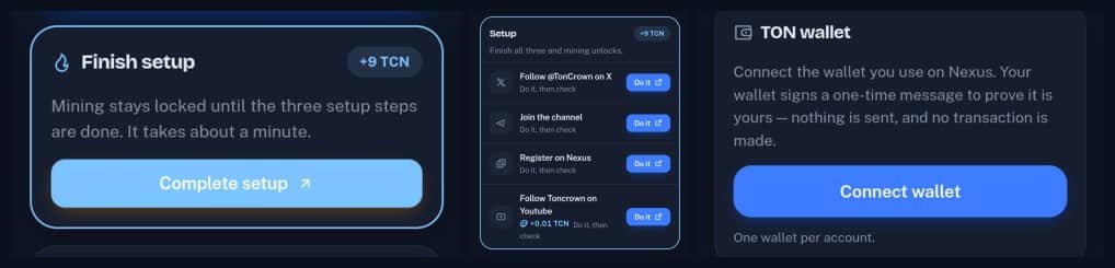 Toncrown_Defii's tweet photo. 🤖 TONCROWN  — TCN MINING BOT  ACTIVATION

 Follow the steps below to verify your wallet and start your mining bot!
📋 Step-by-Step Activation
• Follow Official Socials
• Join our official Telegram Channel, YouTube channel and on X (Twitter) to stay updated on ecosystem announcements and reward distributions. 
• Connect Your Wallet
• Link the exact same TON wallet (e.g. Tonkeeper, MyTonWallet) that you registered with on the Toncrown Nexus 
• Verify & Activate
• Once your wallet connection is verified on-chain, your AI mining bot will automatically initialize and begin earning rewards.

⏱️ Mining Schedule & Maintenance
⏰ 8-Hour Reset Cycle:
Your mining session runs for 8 hours. Return to the bot every 8 hours to claim your accumulated rewards and reactivate the Bot