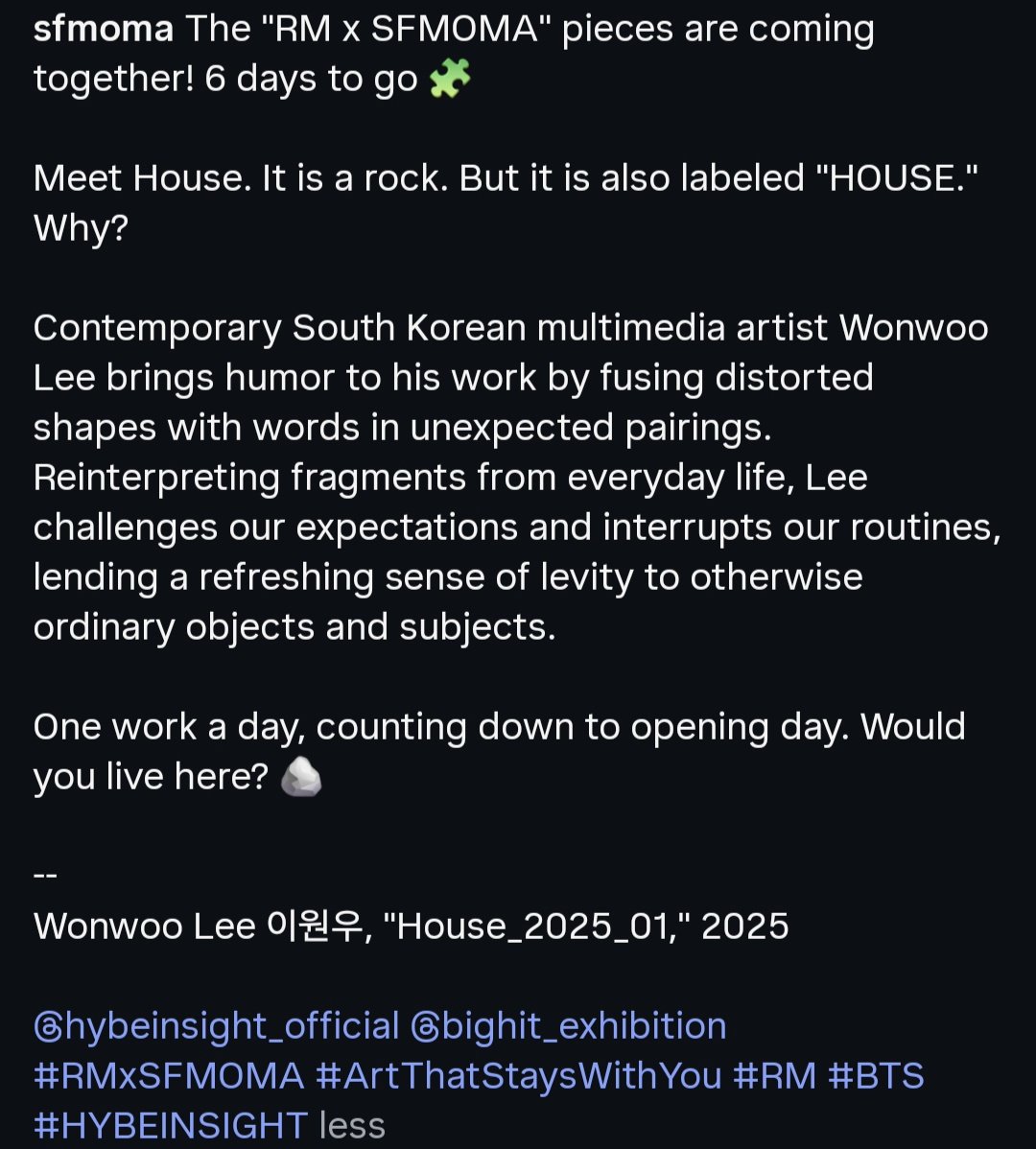 7btsfilmout's tweet photo. "RM x SFMOMA: Between You and Me"
β "Bird and Cat" (μμ κ³ μμ΄), 2021 by Doongji Kim. Collection of RM.
β‘ "House 2025 01," 2025 by Wonwoo Lee (μ΄μμ°).
RM X SFMOMA
#ExhibitionCuratedByRM
#RMArtExhibition
#RMxSFMOMA
#KIMNAMJOON #κΉλ¨μ€ #RM #Namjoon #BTSRM https://t.co/gay8THb96j