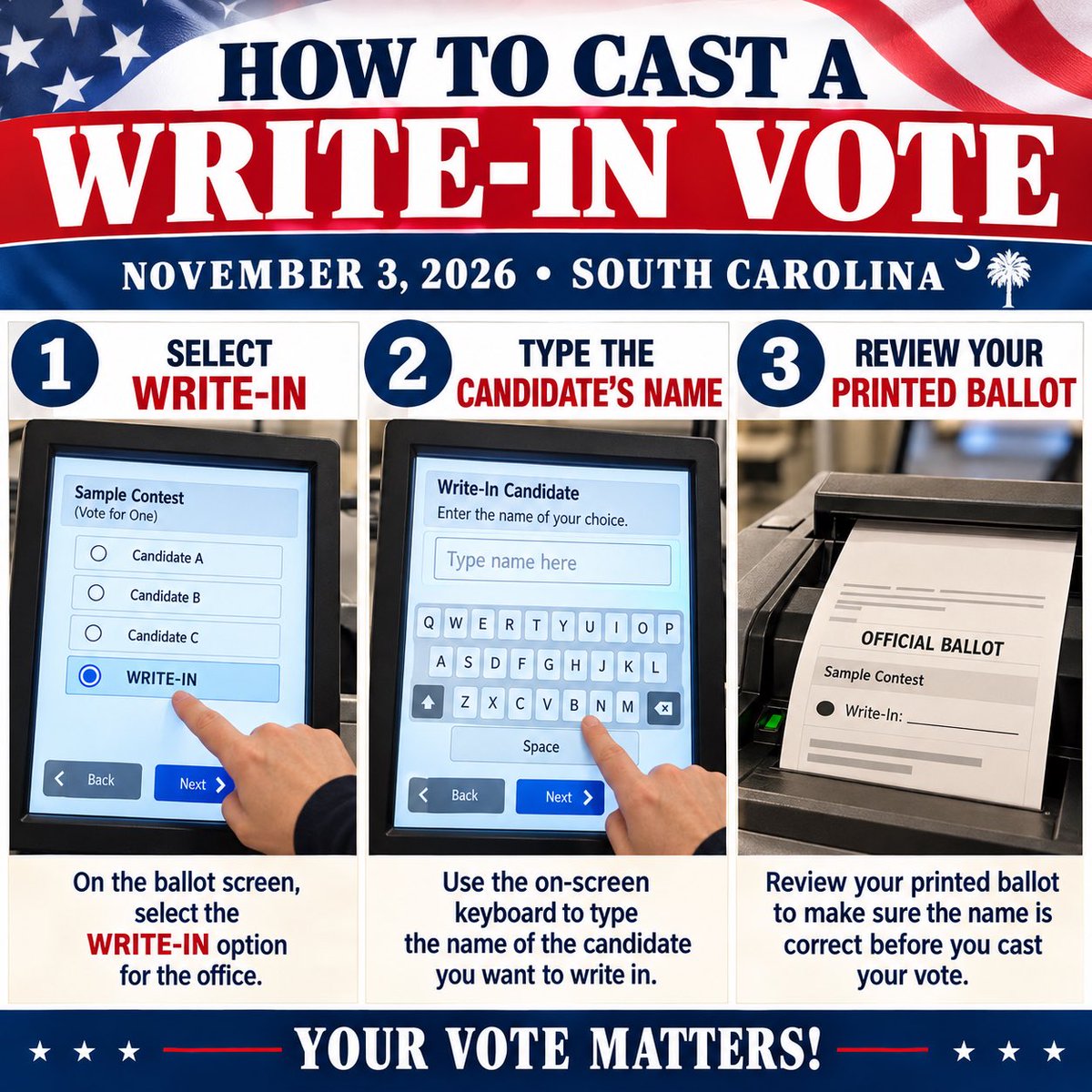 WriteInRalphcom's tweet photo. 🗳️ HOW TO CAST A WRITE-IN VOTE

📅 November 3, 2026 — South Carolina
If you choose to cast a write-in vote, here’s what to expect at the voting machine:

1️⃣ SELECT “WRITE-IN” On the ballot screen, select the WRITE-IN option for the office you are voting for.

2️⃣ TYPE THE CANDIDATE’S NAME An on-screen keyboard will appear. Type the candidate’s name and select ACCEPT.

3️⃣ REVIEW YOUR PRINTED BALLOT Your selections will be printed on your paper ballot. Review it carefully to make sure your choices are recorded as you intended before casting your ballot.

✔️ Take your time. ✔️ Check your selections. ✔️ Follow the instructions on the machine and from election officials.

For official South Carolina voting information, visit https://t.co/fYR0oBTqCN.

🇺🇸 Your vote. Your choice. Your voice.