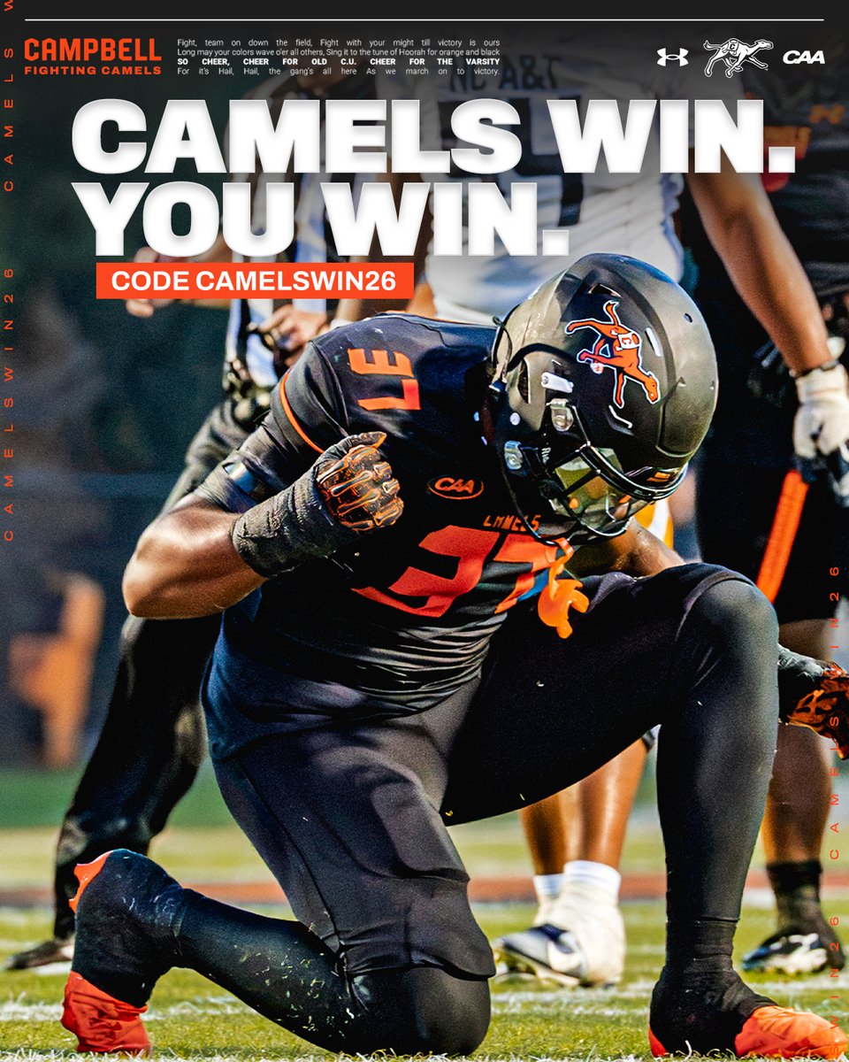 GoCamels's tweet photo. CAMELS WIN. YOU WIN.

Use code CAMELSWIN26 to score $5 off your ticket to any future Campbell home game!

🎟️ | https://t.co/0xjuuk1r11

@GoCamelsFB | #RollHumps🐪 https://t.co/0pMQ8PzZde