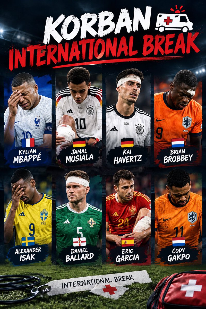 masbola_'s tweet photo. Jeda Internasional baru genap seminggu, tapi para pemain top sudah menjadi korban, yang terbaru Eric Garcia.

Daftar Pemain Top yang cedera sejauh ini:
🚑 Kylian Mbappé   
🚑 Jamal Musiala    
🚑 Kai Havertz  
 🚑 Brian Brobbey  
🚑 Alexander Isak  
🚑 Daniel Ballard
🚑 Eric Garcia
🚑 Cody Gakpo

Semoga ga nambah ni korban pemain-nya. 🥲
