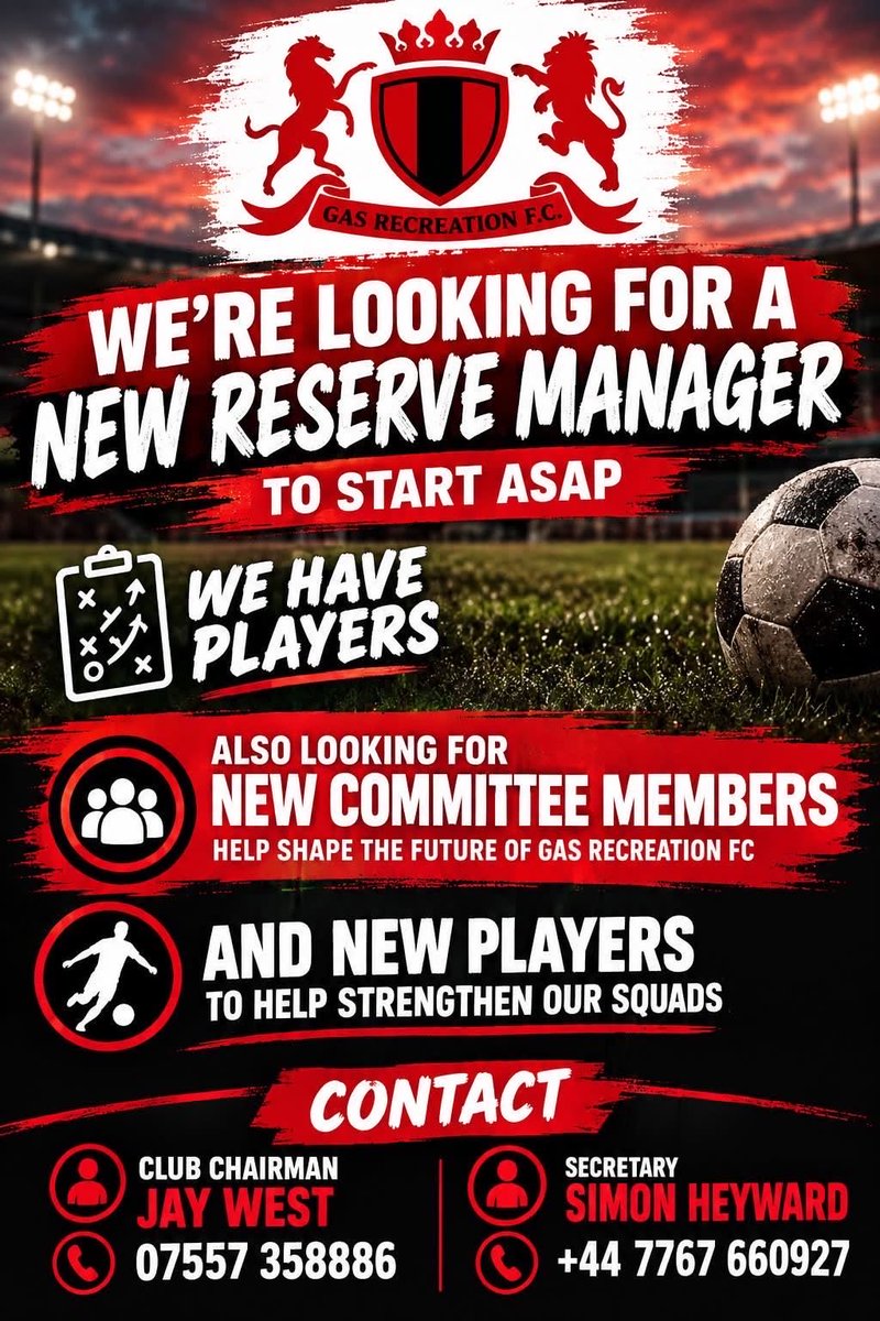GasRecFC's tweet photo. 🚨 Gas Reserves looking for a new reserve team manager 🚨 https://t.co/sby7C1WhhT
