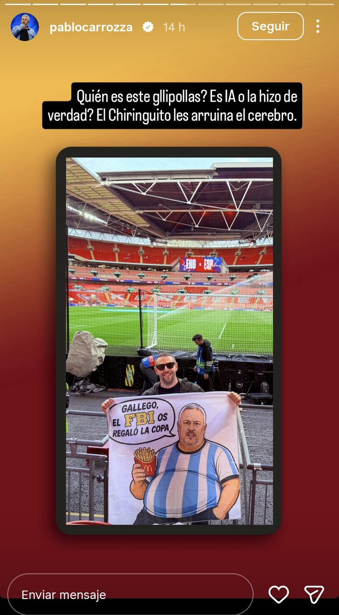 conlaseleccion's tweet photo. A los españoles con El Chiringuito nos pasa como a los argentinos con el tal Duka y contigo, que a los auténticos futboleros nos dais vergüenza ajena.

PD: Y de IA nada, estuviste muy presente en Wembley, @pablocarrozza. https://t.co/udKezrjCUi