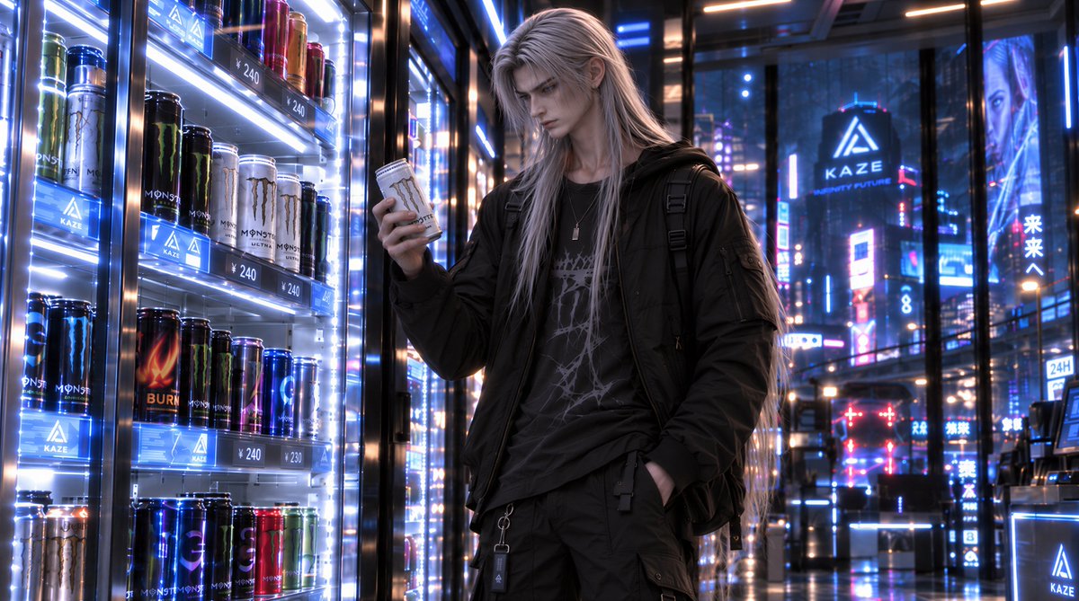 ErikHerinek's tweet photo. Late-night essentials. ❄️⚡
Sinha casually judging whether the white Monster is worthy of the trip home.
Somehow he still looks like he’s evaluating a classified artifact instead of an energy drink. 😭
Are you into energy drinks? Which one is your favorite?
#Sinha #OCArt #OriginalCharacter #MaleOC #DemonOC #CyberpunkArt #SciFiArt