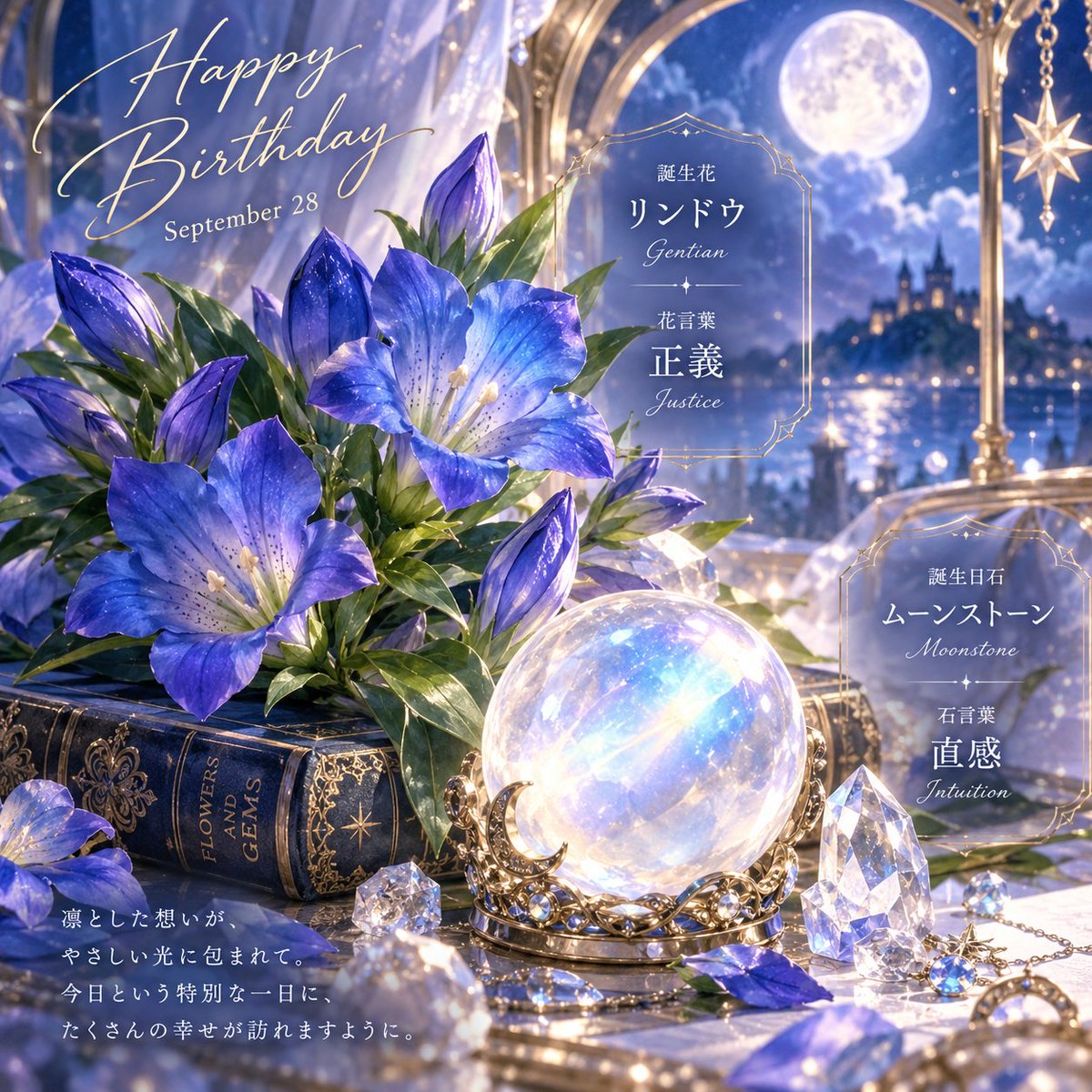 s_e_n_chan's tweet photo. 9月28日の誕生花は、凛と咲くリンドウ💙

花言葉は「正義」。

静かな青紫の花びらが、すっと澄んだ空気の中で揺れ、まっすぐな想いをそっと映します。

誕生日石は、淡い光をやわらかく抱くムーンストーン🌙✨

石言葉は「直感」。

ふわり、きらり。

リンドウの繊細な曲線と、ムーンストーンの乳白色の輝きが寄り添い、静けさの中に幻想的な光景を描きます。

凛とした花の美しさと、月明かりのような石のきらめき。

今日という特別な一日に、心に残る小さな祝福を💐

#9月28日 #誕生花誕生日石

Created with GPTs by @mido_lucci