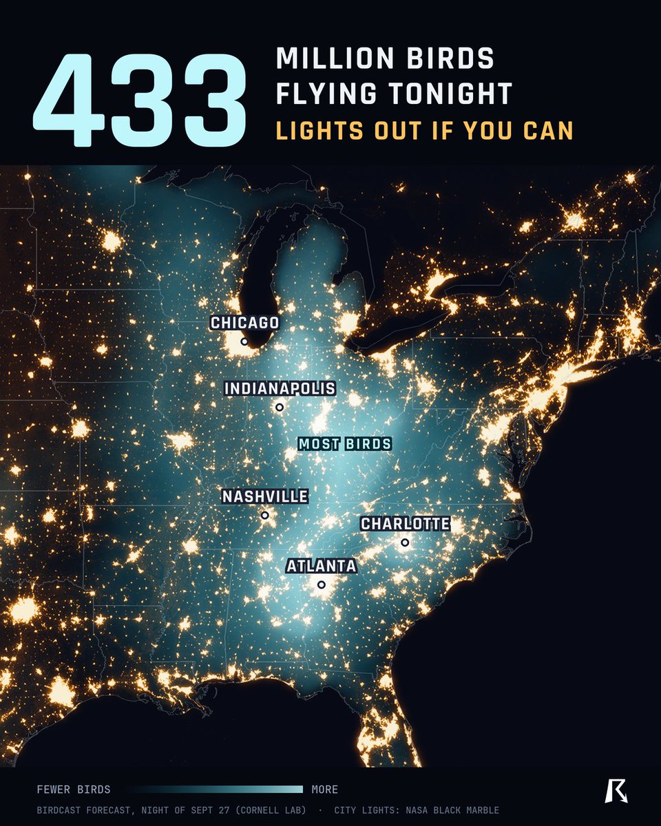 ryanhallyall's tweet photo. Last night about 360 million birds were forecast to fly over the US. Tonight it's about 433 million.

The heaviest flying runs from Indiana and Ohio down through Kentucky and Tennessee into Alabama and Georgia.

Most of them are small songbirds heading south for the winter. They fly at night, and weather radar picks them up after sunset, which is how they get counted.

If you can, turn off your outside lights tonight. Bright lights pull them off course.