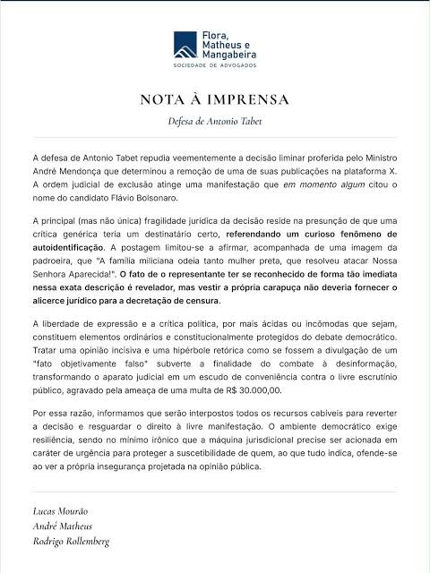 sapiencia_pura's tweet photo. 🚨 DINO DERRUBA DECISÃO DE MENDONÇA!

Flávio Dino cassou a ordem que havia retirado do ar a postagem de Antonio Tabet sobre Nossa Senhora Aparecida e determinou o restabelecimento das publicações atingidas.

E deixou um ponto central: para censurar Tabet, seria preciso presumir que a expressão “família miliciana” se referia a um candidato específico.

Debate político não pode ser interditado por presunção.

LIBERDADE DE EXPRESSÃO NÃO PODE TER LADO.

PRA CIMA DELE DINO🦖