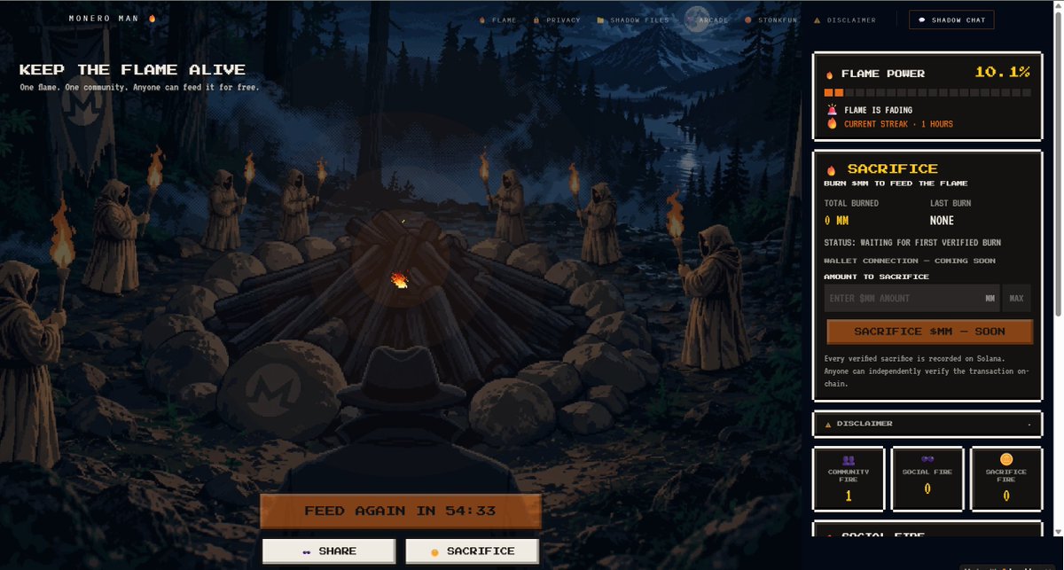 MrXmoner's tweet photo. 🔥 MONERO MAN — KEEP THE FLAME ALIVE 🔥

The Flame belongs to everyone.

Every spark matters. Every action helps keep it burning.
Here’s how you can contribute:
🔥 FEED THE FLAME
Click FEED THE FLAME on https://t.co/NT8UXzy0IM.
→ Adds Community Fire
→ Increases the global Flame Power

📣 SHARE THE FLAME
Spread Monero Man and complete the Telegram Flame Challenge.
→ Adds Social Fire
→ Helps the community grow
🪙 SACRIFICE $MM — SOON
An optional on-chain burn.
→ Adds Sacrifice Fire
→ Permanently removes $MM from circulation
⏳ DON’T LET THE FLAME GO COLD
The Flame slowly decreases when there is no activity.
When it reaches zero, the Flame goes cold.
The next valid contribution can REIGNITE it. 🔥
⚠️ IMPORTANT
Flame Power is a community mechanic.
It does not represent or guarantee token price, value, rewards or returns.
#flame #meme #sol #monero #crypto #burn