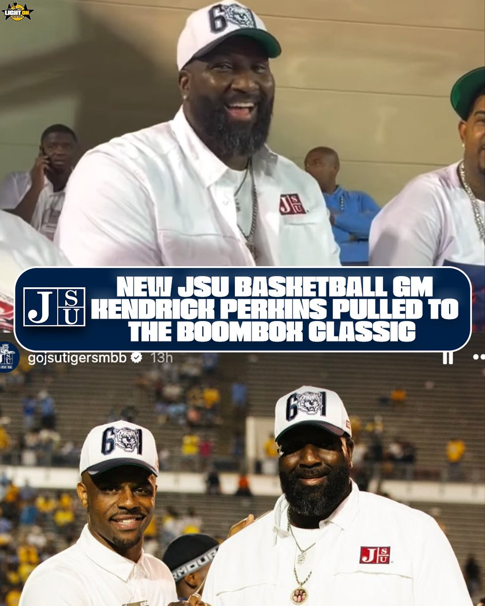 LightOnSports's tweet photo. New Jackson State basketball general manager Kendrick Perkins pulled up to the Boombox Classic 🐅🔥

Via: @GoJSUTigersMBB | @KendrickPerkins https://t.co/ajBi7sHUSe