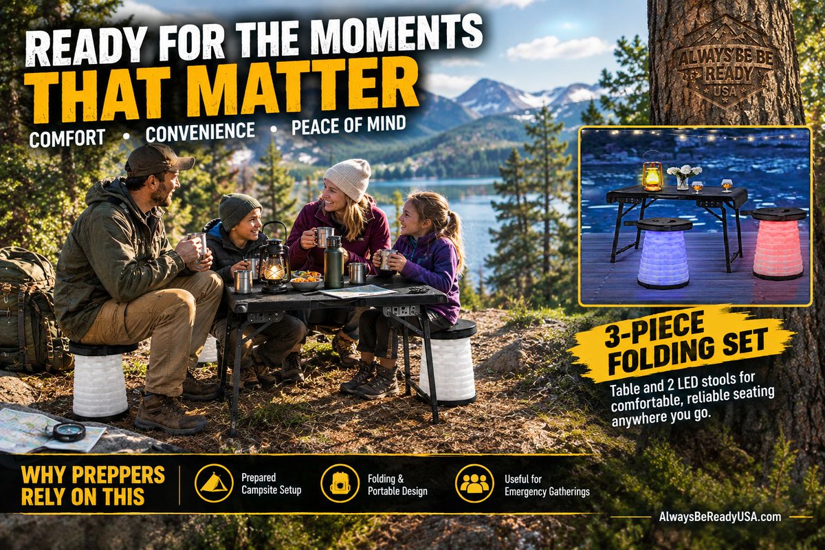 AlwaysBeReadyUS's tweet photo. 3-piece folding camping table + LED stools — lightweight, durable, and quick to set up. Perfect for camping, tailgates, backyard hangs, and emergency kits. 

https://t.co/JEQbv237nV

https://t.co/I2fRwH4wCv

#CampingGear #OutdoorEssentials #SurvivalGear #FoldingTable #CampLight https://t.co/M7z7NgDDL8