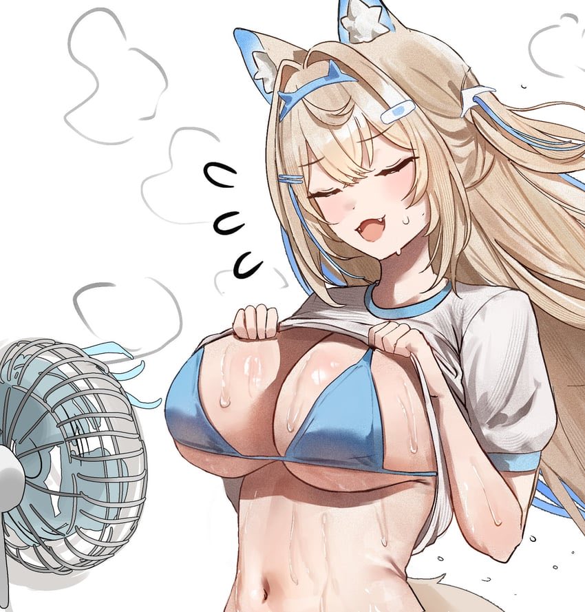 NOTMOGOJYAN's tweet photo. "Hoehhh~~

I swear it's so hot these days, Fuwawa's a sweaty puppy from this heat!

Hope Wuffians won't mind me pulling my shirt up to cool down~" https://t.co/tTdXEpUN5a