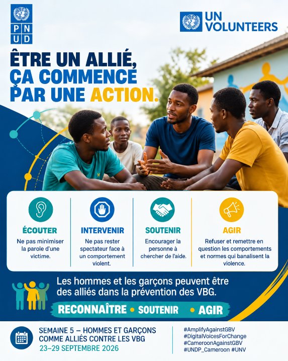 Moussa2019062's tweet photo. Being an ally starts with an action.

Men and boys can play an important role in preventing gender-based violence. Listen, speak up, support survivors, and challenge harmful attitudes and behavio

#AmplifyAgainstGBV #DigitalVoicesForChange #CameroonAgainstGBV #UNDP_Cameroon #UNV https://t.co/AxfgEG7GHc