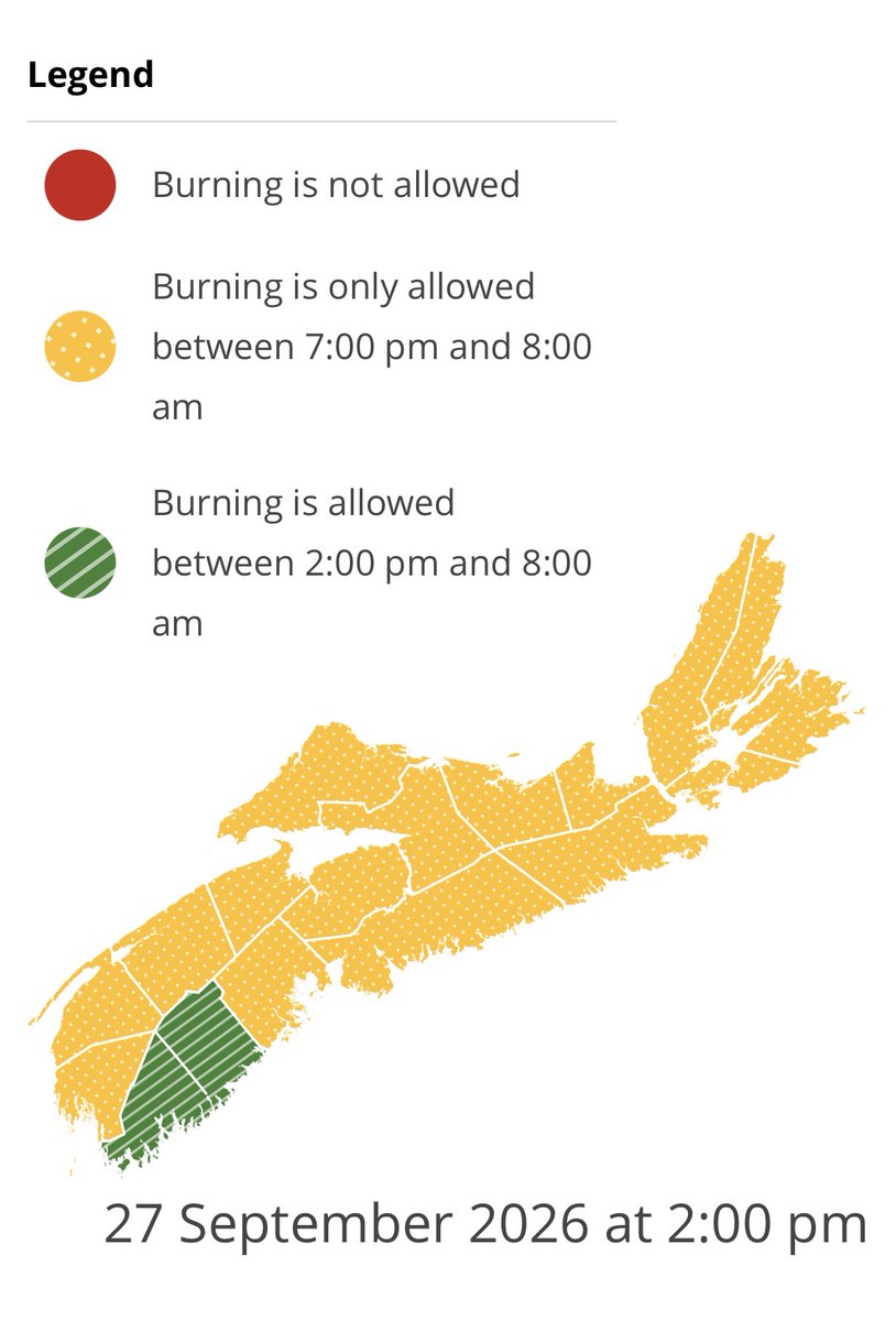 NS_DNR's tweet photo. Burning is not permitted between 8 am and 2 pm.

Check before you burn and know your municipal bylaws.

https://t.co/ei1E0TDj8s https://t.co/SBDrnyAwD3