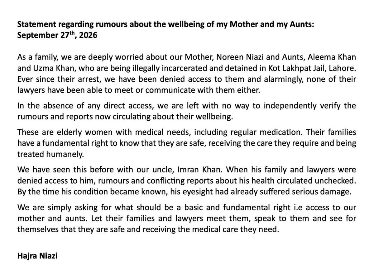 Hajraniazi3's tweet photo. Statement regarding rumours about the well being of my mother @Noreen_KhanPK @Aleema_KhanPK @DrUzma_KhanPK https://t.co/nwYQpMEuQg