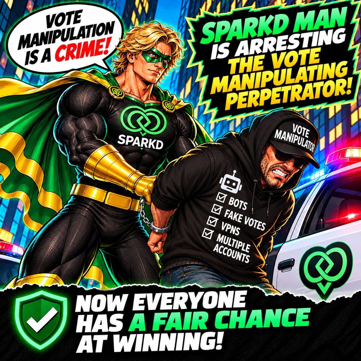 Actuvmm's tweet photo. “When the bots pull up with fake votes… SPARKD MAN pulls up with the handcuffs. 😂🚔⚡ Fair votes only — may the real winner win!”

@DeedSparks https://t.co/S0cLiWgeio