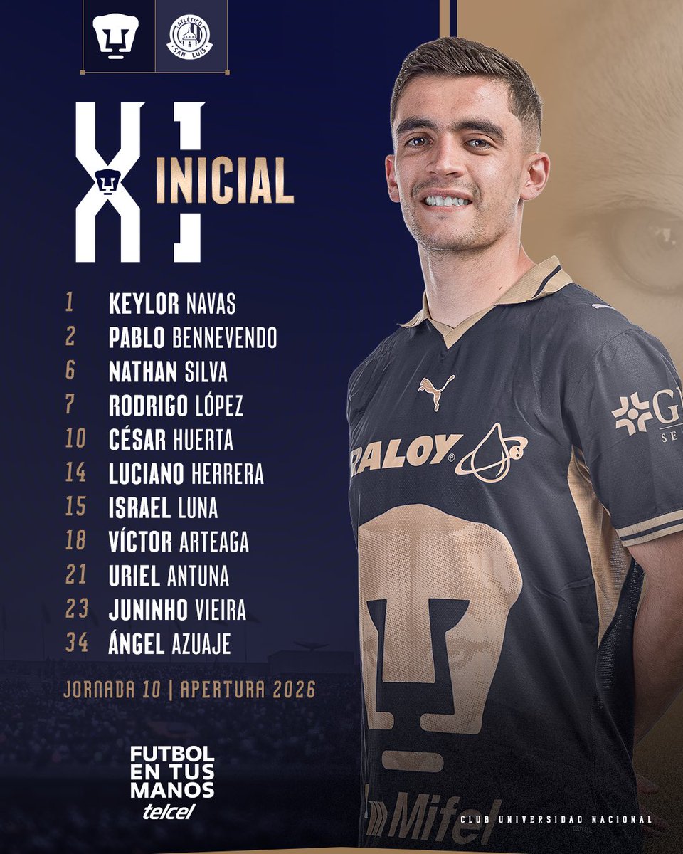 PumasMX's tweet photo. Jornada 10 | XI inicial ante los Potosinos 🐾👊

#SiemprePumas #FutbolEnTusManos @Telcel https://t.co/qSLqDNXxbE
