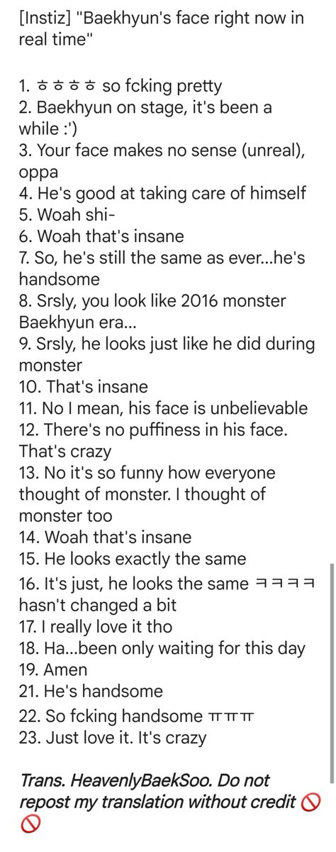 HeavenlyBaekSoo's tweet photo. [Instiz] "Baekhyun's face right now in real time"

4. He's good at taking care of himself 

19. Amen 

21. He's handsome 

22. So fcking handsome ㅠㅠㅠ https://t.co/IM0K6kwvPU
