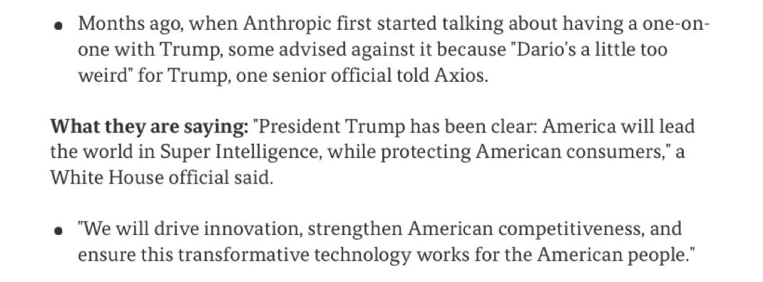 rynorhn's tweet photo. well this should be an interesting dinner.

trump personally invited dario amodei to the white house tonight for their first one-on-one meeting.

given how far apart they’ve been on the whole ai pacing debate, this could be a pretty important dinner. https://t.co/kFDHlxlMOG