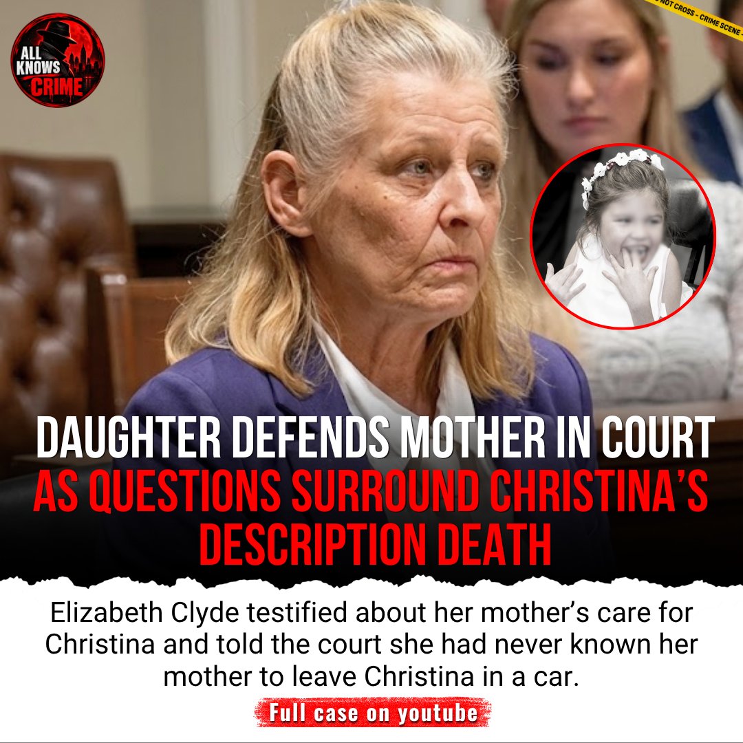 AllKnowsCrime's tweet photo. A daughter defended her mother in court, testifying she'd never known her to leave Christina in a car. But surveillance footage told a different story — nearly six hours, a 13-year-old with cerebral palsy, and 130-degree heat. 😳

Watch the full case on our YouTube — All Knows Crime — Link In Bio.