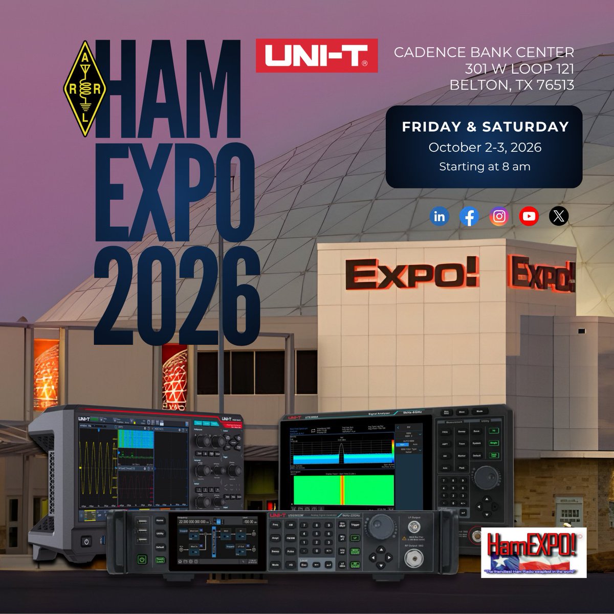 UnitrendUS's tweet photo. UNI-T is participating in the ARRL Ham Expo by Temple Amateur Radio Club (TRAC) 2026 in Belton, Texas!

ARRL Ham Expo 2026 – Belton, TX
📅 Friday &amp; Saturday, October 2-3, 2026
⏰ 8:00 AM – 5:00 PM
📍 Cadence Bank Center, Belton, TX

More info on https://t.co/DjnMUpAIg5 https://t.co/pN15nHHcGs