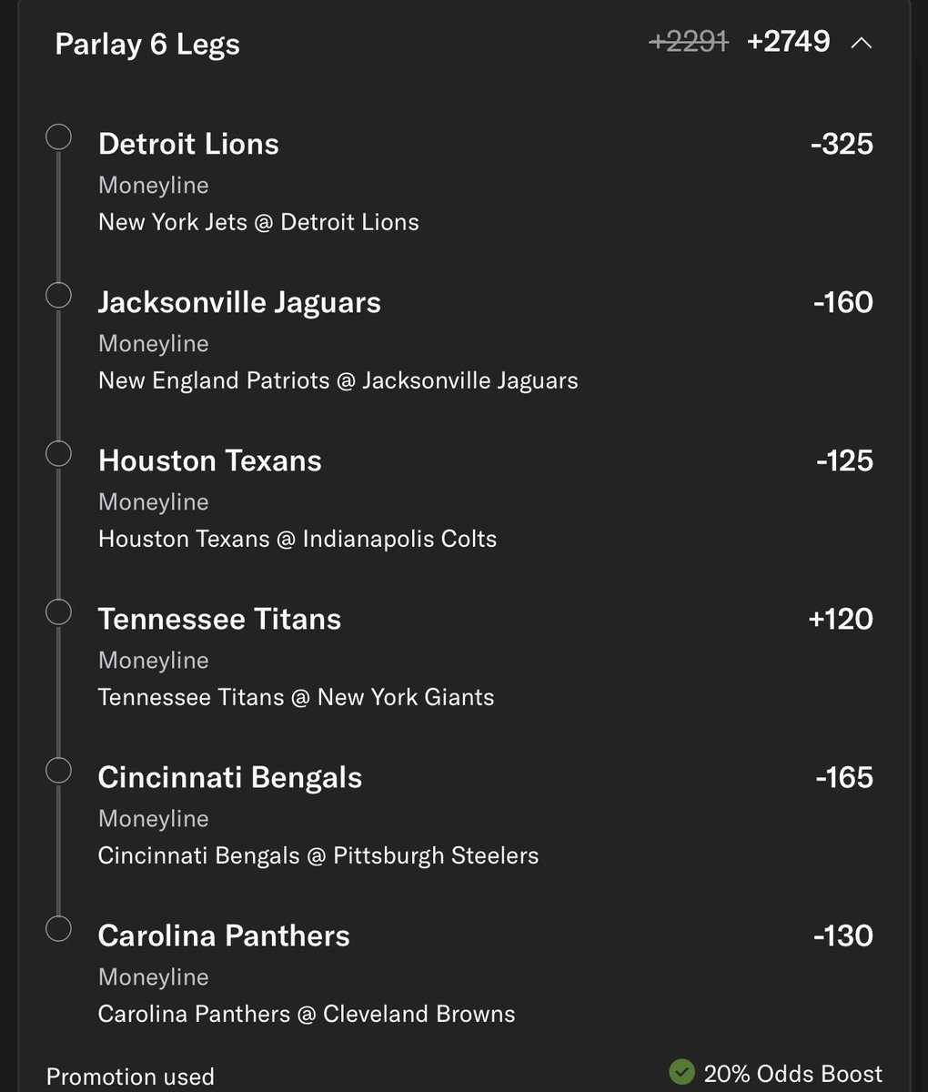 TopShelfSP's tweet photo. 6-Leg NFL Moneyline Parlay on BetMGM w/ 20% Profit Boost 🚀

🏈 Detroit Lions ML
🏈 Jacksonville Jaguars ML
🏈 Houston Texans ML
🏈 Tennessee Titans ML
🏈 Cincinnati Bengals ML
🏈 Carolina Panthers ML https://t.co/pRKNSa4pSZ