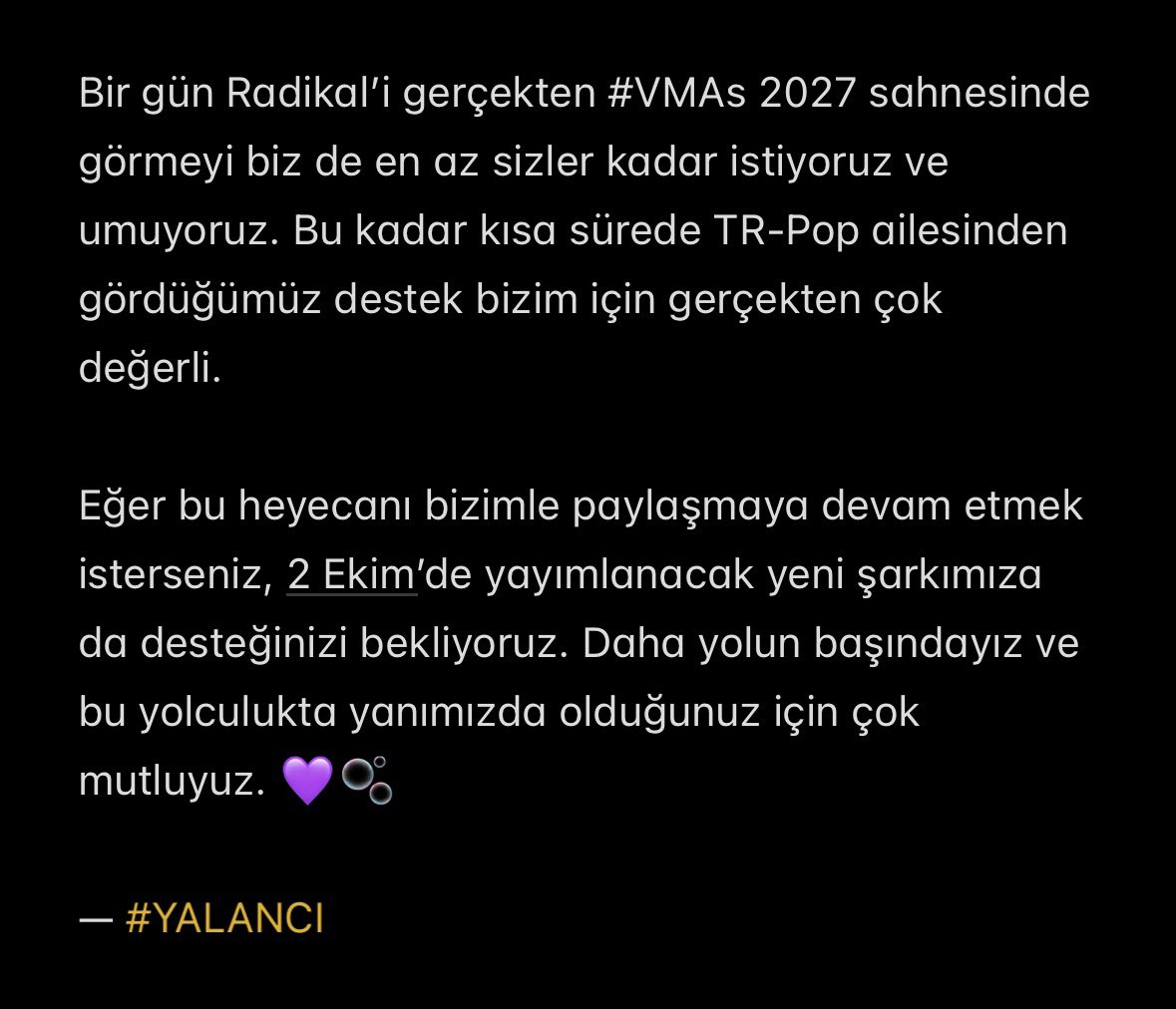 oldcrdgans's tweet photo. Radikal, üçüncü single’ı “YALANCI” ile 2 Ekim’de geri dönüyor!!! #YALANCI #RADIKAL #radikalera3 

Radikal’in bu performans haberine gösterdiğiniz ilgi ve paylaştığınız tüm güzel mesajlar için çok teşekkür ederiz! 🫶🏻 https://t.co/y6bYO7jTA0