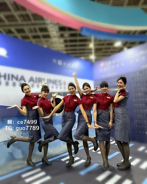Six China Airlines flight attendants in their red and grey uniforms posing playfully in front of a China Airlines promotional backdrop, with contact info "Telegram: guo7789" overlaid.