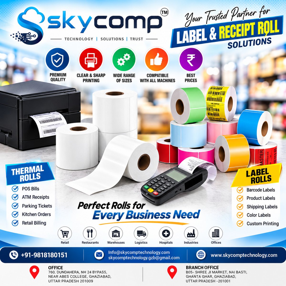 SkycompTech's tweet photo. Thermal Rolls + Label Rolls = Smart Business Printing 🧾🏷️

SkyComp Technology offers quality solutions for:

✔️ POS &amp; Receipt Rolls
✔️ Barcode Labels
✔️ Product Labels
✔️ Shipping Labels
✔️ Color Labels
✔️ Custom Printing

🌐 https://t.co/sZtswtyIgp

#ThermalRolls #BarcodeLabels https://t.co/z8jY65q3G2