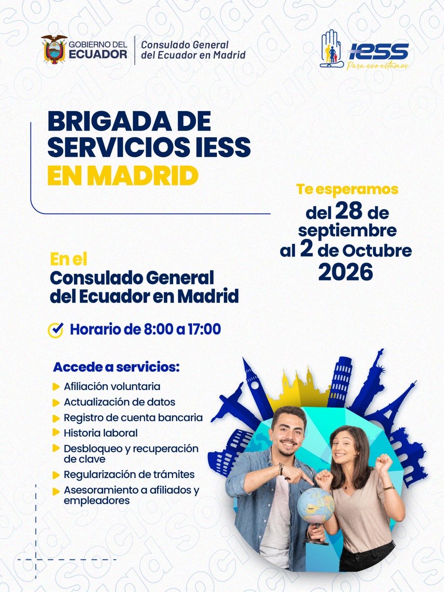 IESSec's tweet photo. 📍 ¡Llegamos a Madrid!

🗓️ Del 28 de septiembre al 2 de octubre visítanos en la Brigada de Servicios del #IESS, en el Consulado General del Ecuador en #Madrid.

⏰ De 8:00 a 17:00

🇪🇨 El IESS está contigo.

#ParaEsoEstamos https://t.co/QMnRRJyU8X
