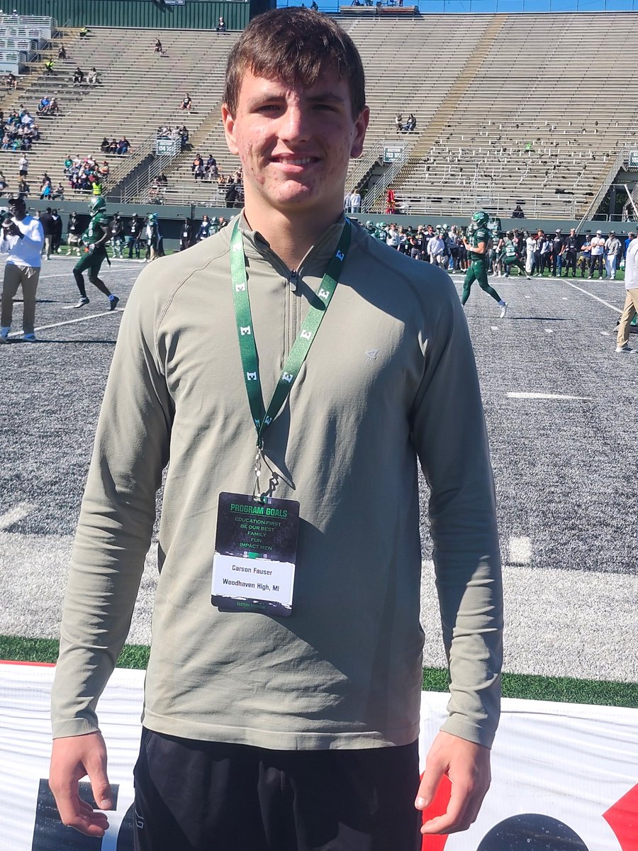 CarsonFauser's tweet photo. Had a great time yesterday at Eastern Michigan University for a Game Day Visit!
Thank you to @EMUFB and the coaching staff for the opportunity to experience the game-day atmosphere. I really enjoyed learning more about the program and seeing everything EMU has to offer! https://t.co/i4BIJ9myZY