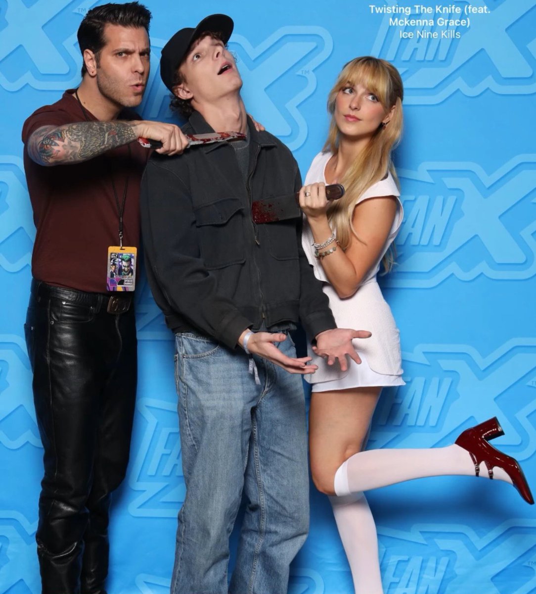 SOTSPodcast's tweet photo. Spencer Charnas (Ice Nine Kills) captured alongside actors Mason Thames (Black Phone) and McKenna Grace (Five Night's At Freddy's 2) in new photo. https://t.co/d6a3Vqnqys