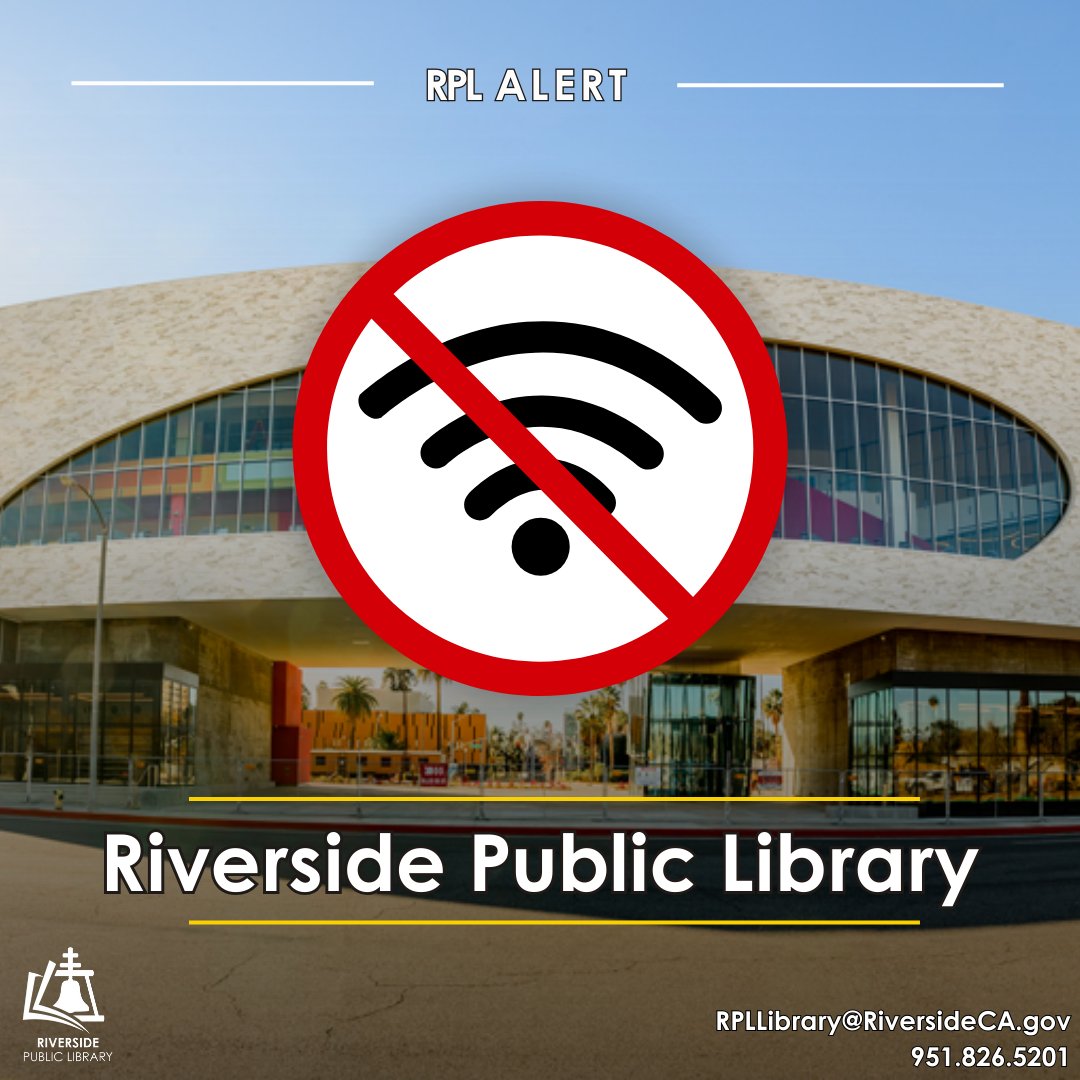 RivLibrary's tweet photo. UPDATE - Network issues have been resolved; WiFi and computer services are available. 

We’re experiencing intermittent network issues at all library locations. As a result, Wi-Fi and computer services are currently unavailable. https://t.co/EmJAMRjQOY