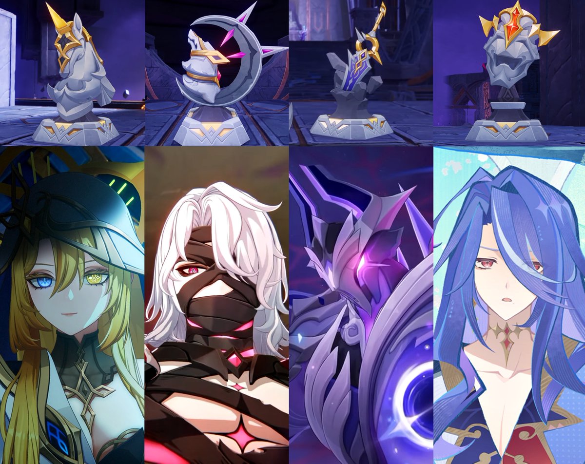 MeiruMoon's tweet photo. Que locura pensar que genshin cumple 6 años y hace no mucho solo teníamos como referencia estatuas de piedra de los Pecadores y actualmente se conoce la apariencia de cuatro de ellos https://t.co/64aJGjiwOT