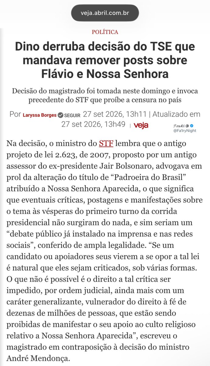 Fa1ryNight's tweet photo. Dino derruba a decisão do Mendonça alegando censura. 
Tem que tirar o chapéu, porque o grau de cinismo desse ser é digno de Oscar. 
Se o projeto de qualquer ex assessor de Bolsonaro pode ser ressuscitada e deturpada, o mesmo deve valer pra todos os projetos de ex assessores de lula.

O que torna tudo mais nojento é:

1. O tal projeto de 2007 sugeria a troca de Padroeira do Brasil para “Padroeira dos brasileiros católicos apostólicos romanos".
2. O próprio Bolsonaro enquanto presidente da república consagrou o Brasil a Nossa Senhora Aparecida.