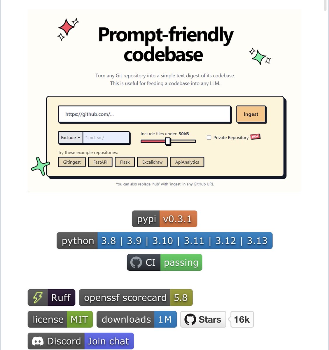 MOulitzky's tweet photo. Some opensource project GitIngest, turns any Git repo into a prompt-friendly text digest for LLMs.

You can replace 'hub' with 'ingest' in any GitHub URL and get a text version of the entire repo ready to paste into a prompt. The benefit is that you don't copy files manually or build a repo reader from zero.

Good starting point when you need to feed a full codebase to an LLM without manual prep.

https://t.co/zdWM5b7uVA