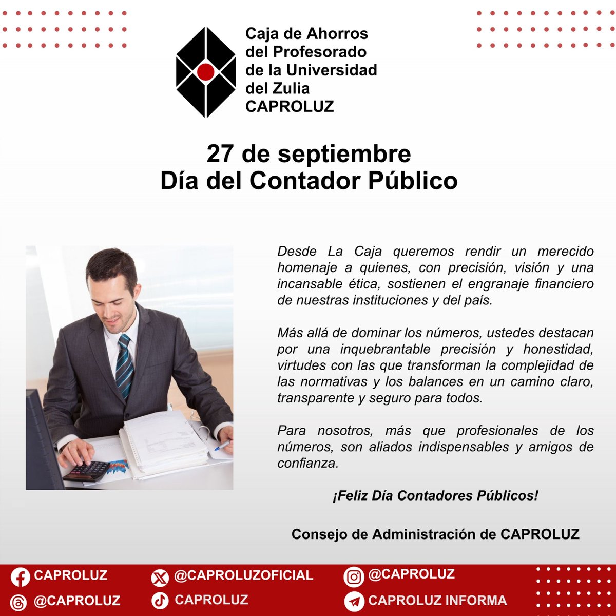 CAPROLUZOFICIAL's tweet photo. ¡Feliz día del contador público!

#caproluz #contador #publico https://t.co/4U7u9MQDXY