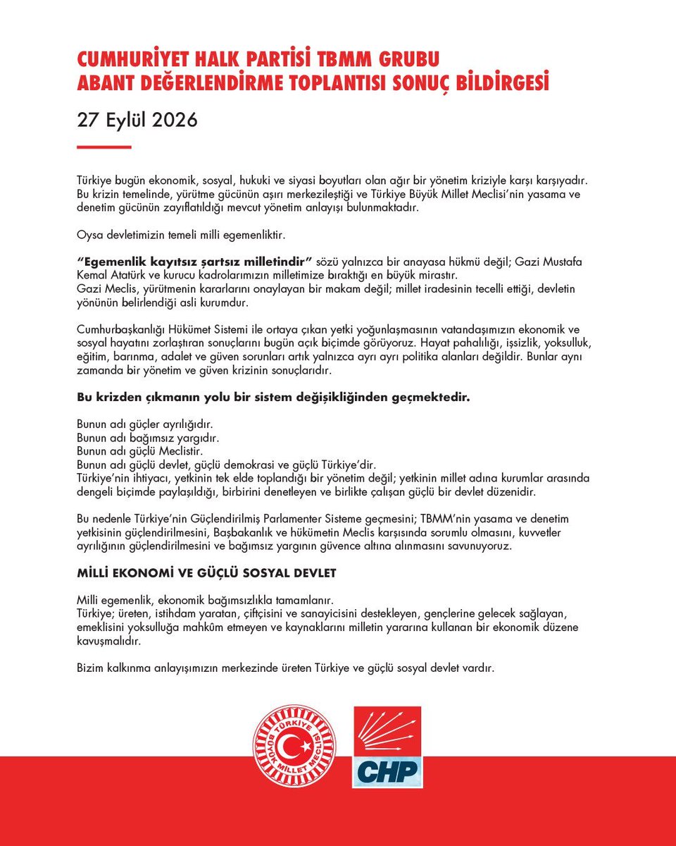 Chpusakil's tweet photo. TBMM Grubumuzun Değerlendirme Toplantısı Sonuç Bildirgesi | Abant, 27 Eylül 2026

“Egemenlik, kayıtsız şartsız milletindir.” https://t.co/bU4Sd6QCXc
