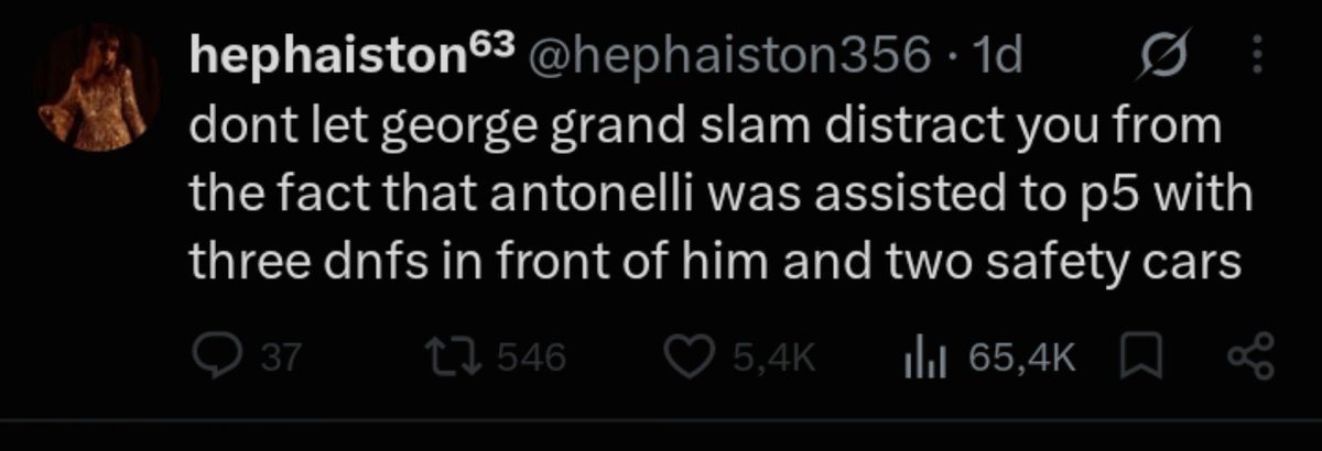piiiant's tweet photo. el concepto de querer tratar a kimi antonelli como malo por terminar p5 cuando hace dos carreras le gano a tu piloto habiendo largado p19 😭🙏🏻 y te puedo asegurar que NADIE se distrajo por el grand slam de gr, de hecho hay gente que ni sabe que logro uno https://t.co/sa3cnwxdGC
