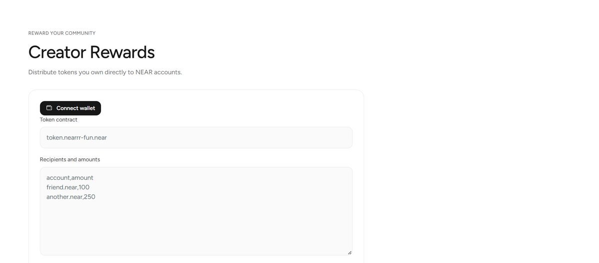 LaunchNear's tweet photo. BRAND NEW!

Creator Rewards are live on LaunchNear 🎁

Reward your community with tokens you own:
• Add up to 20 NEAR accounts manually or via CSV
• Review amounts with duplicate-recipient checks
• Sign each transfer in your wallet
• Track confirmed rewards

Your tokens. Your recipients. Direct to their wallets.
https://t.co/HeT1SI2Xy8