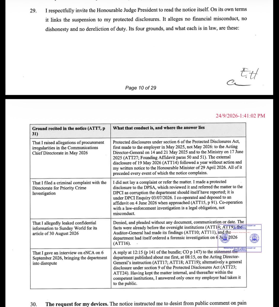 lEsethuHasane's tweet photo. The later analysis of my Suspension has been very bewildering to me: amongst other charges is that I reported corruption to the Hawks ( DPCI ). 

Why would an employer make grounds for dismissal because you reported corruption ? 

It is the wildest thing from this tomfoolery , and the letter documents further worse reasoning that will not stand any independent neutral process.