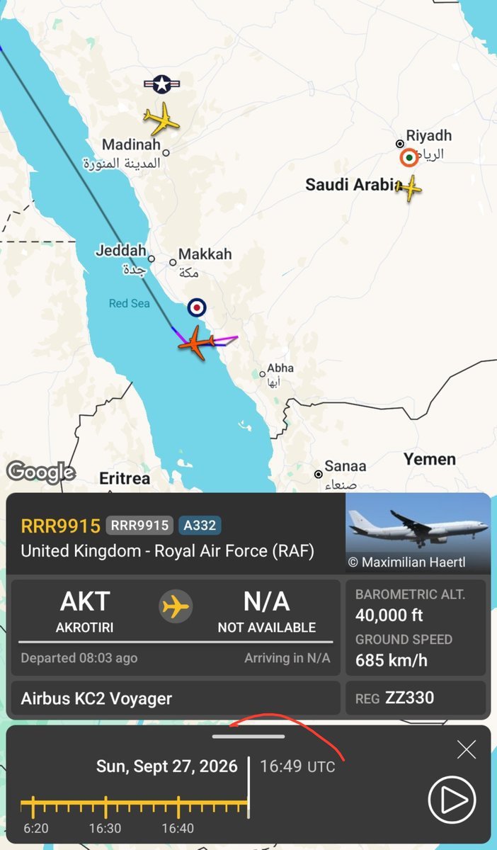MideastIntelX's tweet photo. British Air Force KC2 refueling aircraft (tail ZZ330) leaves Yemen's surrounding and returns to #Cyprus after 5 hours of operation with transponders switched off https://t.co/pE0stIZxxp