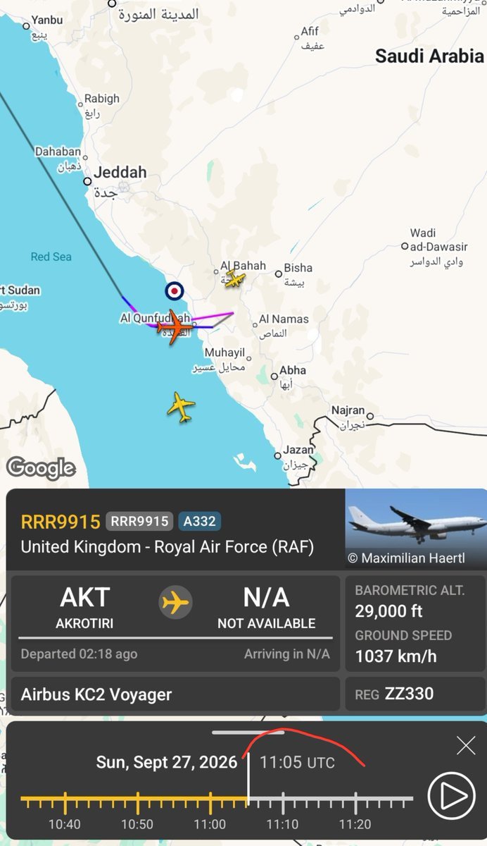 MideastIntelX's tweet photo. British Air Force KC2 refueling aircraft (tail ZZ330) leaves Yemen's surrounding and returns to #Cyprus after 5 hours of operation with transponders switched off https://t.co/pE0stIZxxp